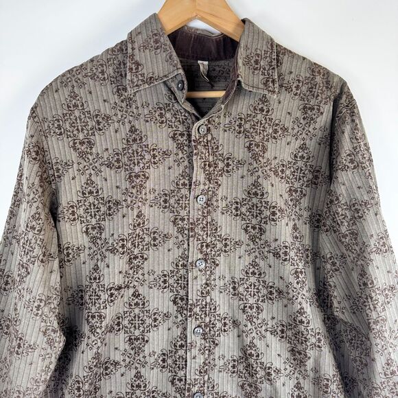 Vintage 90s Transcript Mens Shirt Brown Baroque Damask Long Sleeve Button Up - Picture 4 of 15